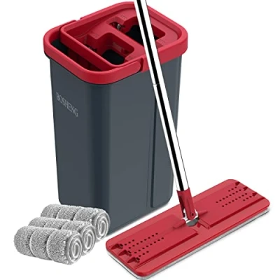 Immagine di BOSHENG mocio e secchio con strizzatore, piatto mani libere, 3 panni in microfibra lavabili inclusi, uso bagnato asciutto, sistema di pulizia del pavimento domestico, nero rosso