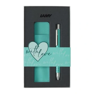 Immagine di Lamy swift lagoon edizione speciale roller set regalo romantico con e custodia in vera pelle corpo metallo larghezza linea B ricarica M 66 blue inclusa