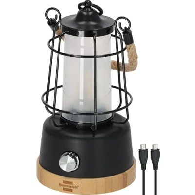 Immagine di Brennenstuhl Lanterna da campeggio ricaricabile a LED Cal 1 AC (350lm, IP44, durata della luce fino 75h, dimmerabile, USB C, esterna con corda di canapa e base in bambù)
