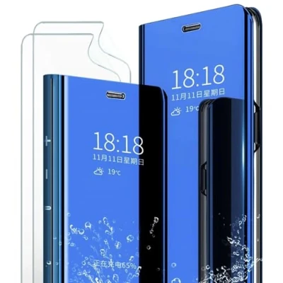 Immagine di MLOTECH Custodia per Samsung S20 Ultra,custodia+protezione schermo [2 pezzi] Flip Clear View Traslucido Specchio Standing 360Cover antiurto Smart Cover Bumper Blu Cielo