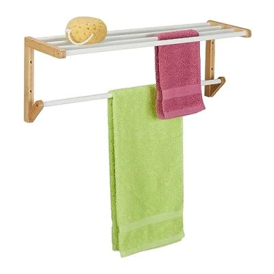 Immagine di Relaxdays Portasciugamani da Parete, HLP 25x70x20 cm, Mensola Bagno con Aste per Asciugamani e Ripiano Bianco Marrone, bambù