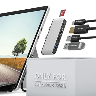 Immagine di Surface Pro 8 USB C Hub Adattatore con 4K HDMI, Thunderbolt 4 (Display+PD Charging+Data), 3.0, 2.0, TF Card Slot, Docking Station Dual Monitor(HDMI+USB C) per