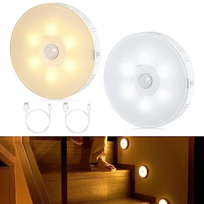 Immagine di Tailcas Luce Notturna con Sensore di Movimento, LED Ricaricabile USB, Bianco Caldo/Freddo, Dimmerabile, 1000mAh, Armadio per Camera, Cucina, Corridoio, Scale, 2 Pezzi