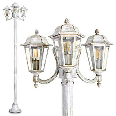 Immagine di lampada da esterno NATAL, candelabro in stile antico, fusione di alluminio bianco/oro con vetri, sentiero a 3 bracci 210 cm, giardino retro/vintage, E27, IP44, senza lampadina
