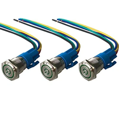 Immagine di QitinDasen 3Pcs Premium 12V / 24V 5A Interruttore a Pulsante Autobloccante, 19mm in Metallo con LED Verde, Avviamento Auto Acciaio Inossidabile impermeabile