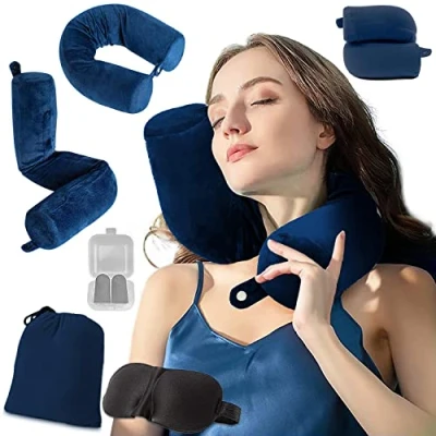Immagine di EPROICKS Cuscino da Viaggio per il Collo Portatile Su Voli, Multifunzione Aereo con Cerniera Sfoderabile Può Piegarsi, Viaggi in Famiglia, Aereo, Autobus, Treno (blu navy)