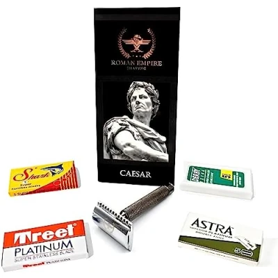 Immagine di Rasoio di Sicurezza a Doppio Filo Caesar Gun Metal Roman Empire Shaving Classico Safety Razor in Acciaio con Set 20 Lamette da Barba (Astra Derby Shark Treet)