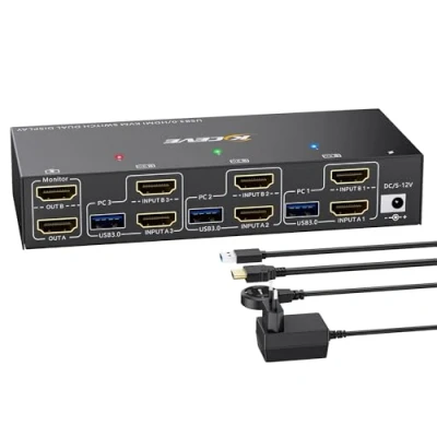 Immagine di Switch KVM USB 3.0 3 PC 2 monitor Emulatore EDID 4K@60Hz, ESKEVE HDMI 2K@120Hz per Condividi e 4 dispositivi 3.0, con cavo + controllo desktop