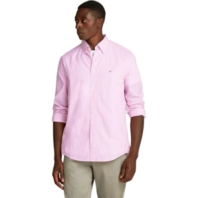 Immagine di Tommy Hilfiger Uomo Camicia Flex Poplin Classic Regular Fit, Multicolore (Classic Pink / Optic White), S