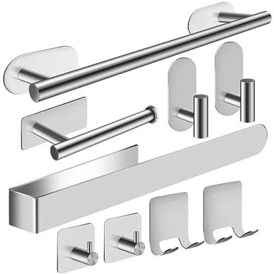 Immagine di Porta Asciugamani Bagno, 9PCS Adesivo, Appendi in Acciaio Inox SUS304, Argento