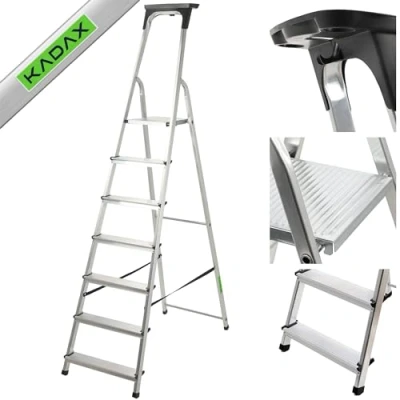 Immagine di KADAX Scala Pieghevole in Alluminio, Scaletta con Ripiano Portaoggetti, Gradini Antiscivolo e Piattaforma Ampia, Supporta Fino a 125 kg (7 Gradini)