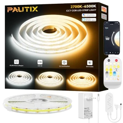Immagine di PAUTIX WIFI CCT COB LED Striscia 10M,2700K 6500K 24V Bianca Sintonizzabile,Intelligente Funziona con TUYA/Alexa/Google Assistant e Alimentazione per Armadio da Cucina, Camera,TV