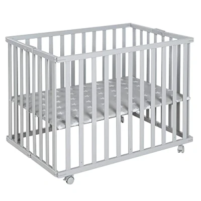 Immagine di roba Box Pieghevole 74 x 100 cm, Evolutivo e Salvaspazio, Altezza Regolabile su 2 Livelli, 4 Ruote con Freni, Legno Laccato Grigio