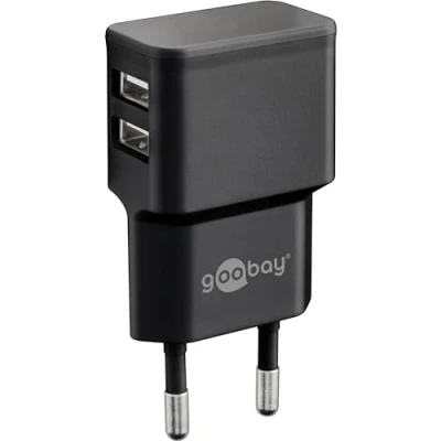 Immagine di goobay 44951 Adattatore di rete USB per presa 2,4 A (12 W) / Alimentatore con 2 ingressi laterali/Per smartphone/Cavo ricarica/Spina USB/Cavo ricarica/Adattatore presa/Nero