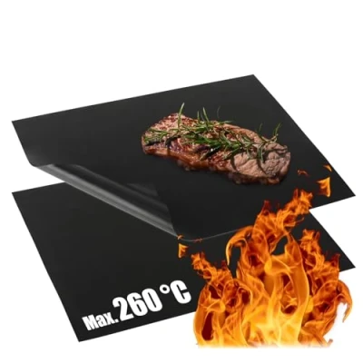 Immagine di COM FOUR® 2x Tappetino per Barbecue in Teflon da Forno Resistente al Calore Pellicola Griglia Antiaderente e Cottura Riutilizzabile (2 pezzi nero)