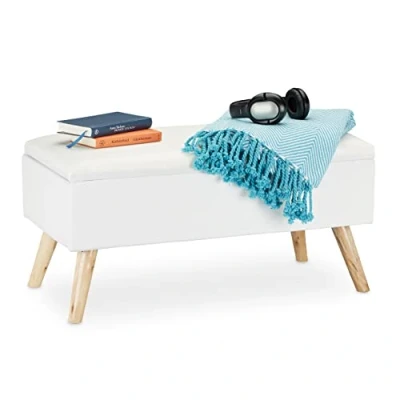 Immagine di Relaxdays, Bianco Panca con Contenitore, Imbottita, Gambe in Legno, Cassapanca Foderata, HLP 39,5x79,5x39,5 cm, Tessuto, gommapiuma, 1 pz