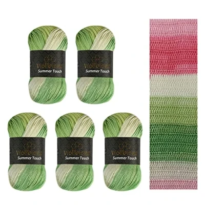 Immagine di Wollbiene Summer Touch Batik, 5 gomitoli di lana da 100 g, multicolore con gradiente, 500 g mercerizzata in microfibra acrilica (502 verde corallo)