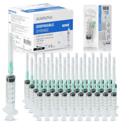 Immagine di Lotto di 100 Siringhe da 5 ml con 21G Luer Slip. Siringa Plastica Qualità LAB, Adatta per Uso Alimentare, Ideale Misurare e Dosare Liquidi (5 / pezzi).