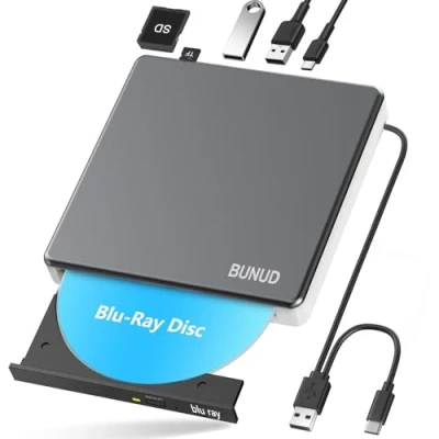 Immagine di Blu Ray Unità CD DVD esterna USB 3.0 &amp; Type C CD/DVD Masterizzatore Writer con 2 slot SD/TF, ottico 3D BD Bluray per PC Laptop Windows 11/10 Mac MacBook