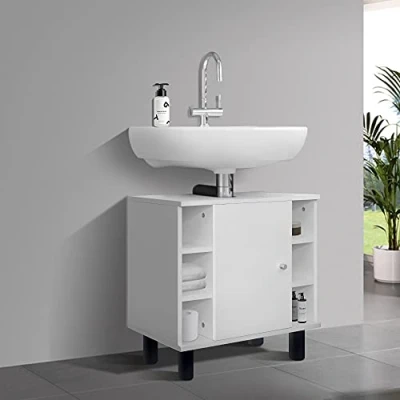 Immagine di ML Design Mobile Base per Lavabo Il Bagno Bianco 60x54x32cm Armadio Salvaspazio Lavandino con 6 Ripiani Ampio Spazio di Stoccaggio Mobiletto Pratico Truciolato MDF Facile da Montare e Pulire