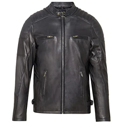 Immagine di URBAN 5884 Giacca Pelle Uomo RALF, Giubbotto in Vera Ovina Stile Biker, Morbido e Resistente, Nera, M