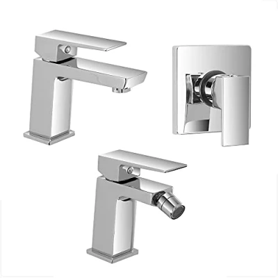 Immagine di Set rubinetti miscelatori Lavabo Bidet e Doccia Incasso cromati, Scarico Click clack Incluso, Serie Kubo (Set Incasso)