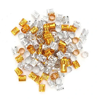 Immagine di 100Pezzi Alluminio Bobina Dei Capelli Dreadlock Anelli di Treccia Metallo Polsini per Regolabile Dreadlocks Perline Intrecciare Le Decorazioni Accessori (Oro + Argento)