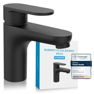 Immagine di Bächlein Rubinetto per bagno dal design classico, miscelatore monocomando, con cartuccia in ceramica durevole e kit di montaggio, nero opaco classico