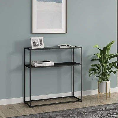 Immagine di [en.casa] Tavolo a Consolle in Metallo e Piano Vetro Temperato Mobile da Ingresso Corridoio 80 x 30 cm Stretto con 2 Piani di Appoggio Nero