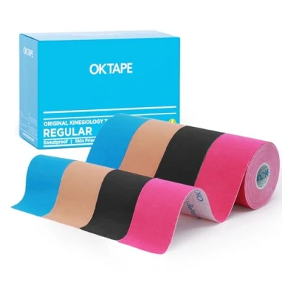 Immagine di OK tape Kinesiologico 5cm x 5m, Nastro Atletico Terapeutico Elastico Resistente, Senza Latex, Antidolore, Recupero Lesioni, per il ginocchio, supporto muscolare(4 Rotoli, Multicolor)