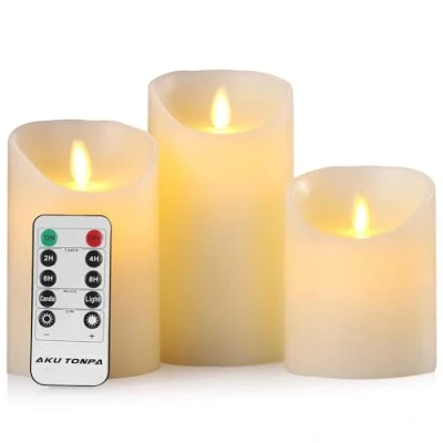 Immagine di Hausware Set di 3 candele senza fiamma, funzionamento a batteria, 5,6 x 12,7 cm, in vera cera, con telecomando e timer (colore Rosso)