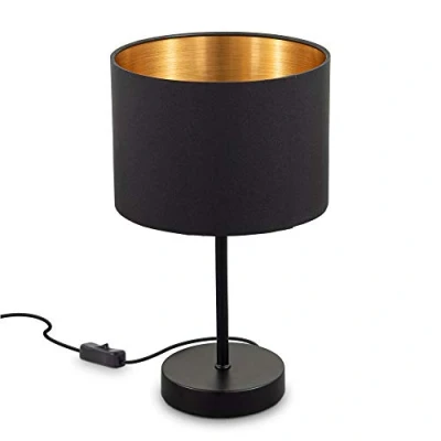 Immagine di B.K.Licht Lampada da comodino con paralume in tessuto nero e oro, adatta per lampadina E27 non inclusa max 40W, tavolo diametro 20cm, abat jour camera interruttore on off sul filo