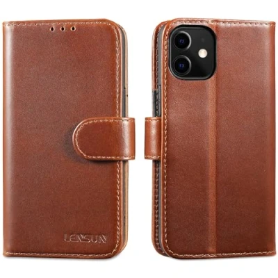 Immagine di Lensun Custodia per iPhone 12 Mini, Cover in Vera Pelle Libro con Portafoglio [RFID Blocking] Chiusura Magnetico Flip Custodie Cuoio Telefono Mini Marrone Scuro