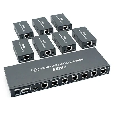 Immagine di PWAY PW HTS0107IR(POC) 1X7 Splitter HDMI Extender Over Cat6 Ethernet Cavo con Senza Ritardo Telecomando a 60m/196ft 1080P IR Controllo(20 60Hz) （1 in 7 out）