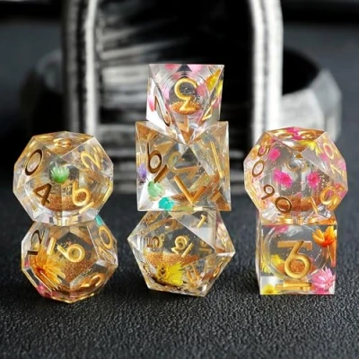 Immagine di Set Dadi D&amp;D DND 7 Pezzi Sabbie Mobili Resina Gioco Poliedrici con Bordi Affilati per Dungeons and Dragons Draghi Pathfinder RPG MTG Confezione Regalo