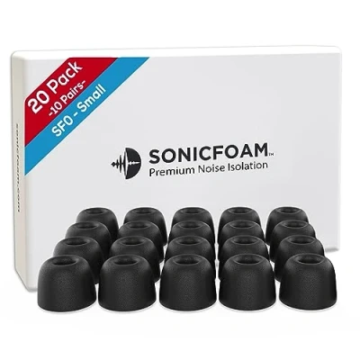 Immagine di SONICFOAM Cuscinetti per auricolari in Memory Foam Isolamento Acustico Premium, Punte di Ricambio Schiuma, Confezione da 20 ear (SF0 Piccoli, Nero)