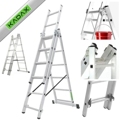 Immagine di KADAX Scala Multifunzione in Alluminio, Multiuso con Sistema di Bloccaggio Automatico e Piedini Antiscivolo, a Sfilo 3 Elementi (6 Gradini)