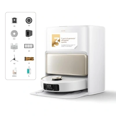 Immagine di Mova V50 Ultra Complete Robot Aspirapolvere e Lavapavimenti, 24.000 Pa, Lavaggio Acqua Calda, Sistema DuoSolution, Navigazione con Torretta Sollevabile, Supera Ostacoli fino a 6 cm, Garanzia 3 Anni