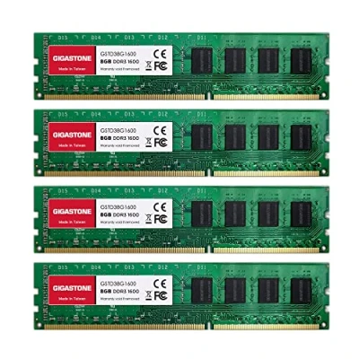 Immagine di 【DDR3 RAM】GIGASTONE 32GB Kit(4x8GB) DDR3/DDR3L 1600MHz(1333MHz) PC3 12800(PC3 10600) CL11 1.35V/1.5V 2Rx8 UDIMM 240pin Unbuffered Non ECC Ideale PC Desktop alta prestazione Memoria Upgrade