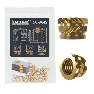 Immagine di ruthex Inserto filettato M4S SHORT 50 pezzi RX M4x4,0 Boccola filettata in ottone dado di inserimento per parti plastica utilizzabile stampate 3D tramite calore