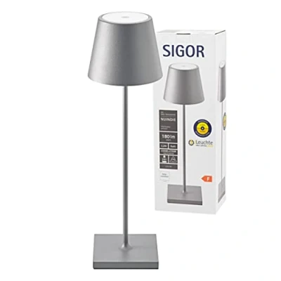 Immagine di SIGOR Nuindie Lampada da tavalo a batteria LED dimmerabile per interni ed esterni, altezza 38 cm, ricaricabile con Easy Connect, durata luce 24 ore, Grigio grafite