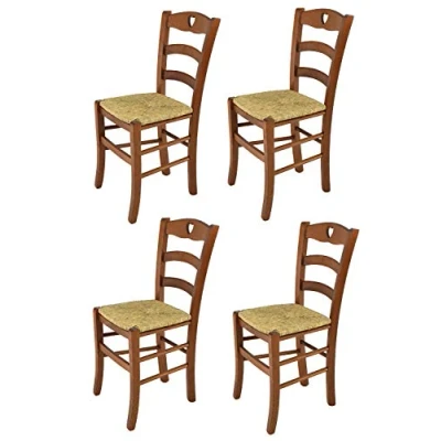 Immagine di t m c s Tommychairs Set 4 sedie modello Cuore per cucina bar e sala da pranzo, robusta struttura in legno di faggio color noce chiaro seduta paglia
