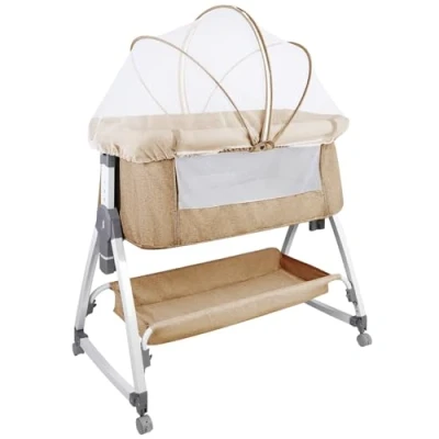 Immagine di HUOLE Culla Fianco Letto, Lettino co sleeping per Neonati, Regolabile in 6 Posizioni di Altezza, con Ruote Girevoli a 360, Cestello Portaoggetti e Zanzariera 80 * 40 100 115 cm bianco sporco