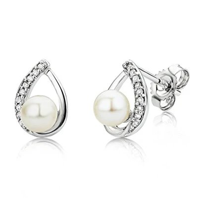 Immagine di Miore Orecchini Perle e Diamanti in Oro Bianco 9KT 375, a lobo con coltivate d&#039;acqua dolce Brillanti, Bottone anallergico perno chiusura farfalla pressione.