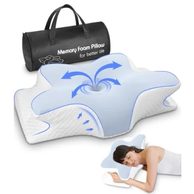 Immagine di Huifoo Cuscino Cervicale per Dormire, Ergonomico di Sostegno, Ortopedico in Memory Foam con Federa Lavabile il Dolore al Collo e Alle Spalle blu