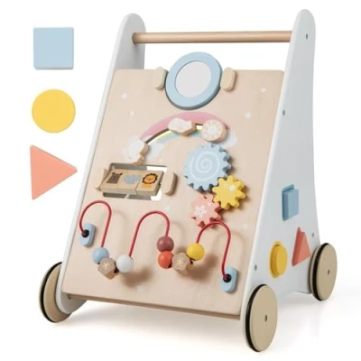 Immagine di FANTASK girello 7 in 1 legno, carrello scorrevole con scatola di immagazzinaggio, colore bianco, tavoletta, specchio e blocchi costruzione, aiuto per bambini a partire da anno