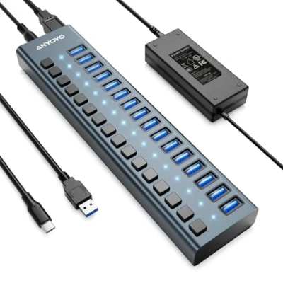 Immagine di Hub usb Alimentato 90W (12V/7.5A) Multiport 3.1 con 16 porte A 10Gbps,ANYOYO multipresa per Laptop e PC,Dispositivi di Archiviazione Alluminio