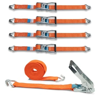 Immagine di Set di 4 cinghie con cricchetto stabile e gancio profilato, DoZurr 5000, portata fino a 2500 kg, larghezza 50 mm x lunghezza 6 m, colore arancione, per camion rimorchi grandi