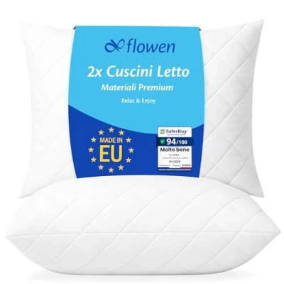 Immagine di Cuscini Letto Coppia di Guanciali 40x80 per Dormire Imbottitura Standard Antiacaro Anallergico Traspirante Rettangolare Matrimoniale Singolo con Federa in Cotone e Poliest. Sfoderabile Lavabile