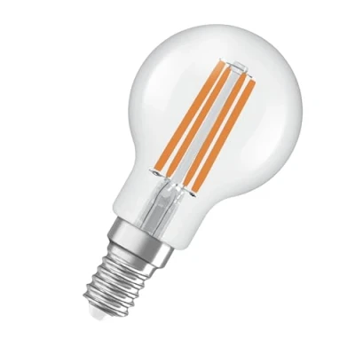 Immagine di OSRAM Energy Class nella classica forma mini sferica, 2,2 W / 470 lm, EEK A, luce bianca calda (2700 K), CRI 80, in vetro senza piombo di colore trasparente, attacco E14, IP20, diametro 45 mm.